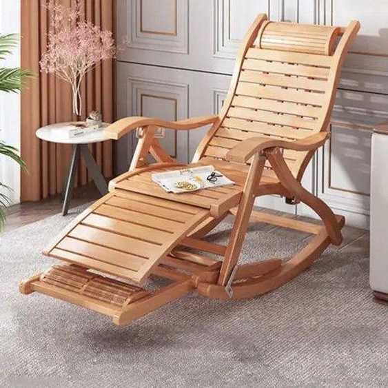 Fauteuil de relaxation Famanu - Fauteuil à bascule - Réglable en 5 positions - Avec repose-pieds - En bambou - Capacité maximale : 200 kg - Dimensions : 95 x 54 cm