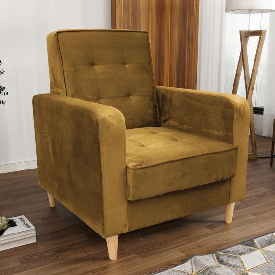 Fauteuil de salon Bamako avec pieds en bois, tissu : kronos 01 - jaune moutarde