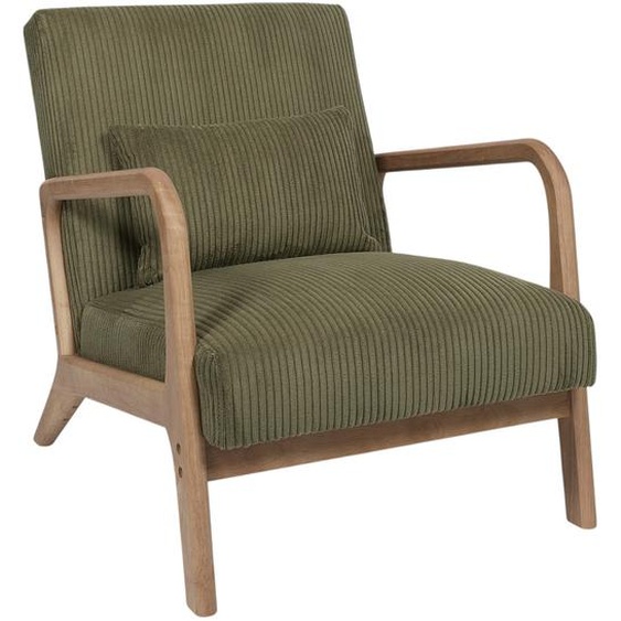 Fauteuil de salon Dunbar en velours côtelé - Déhoussable - Accoudoirs bois - Couleur kaki