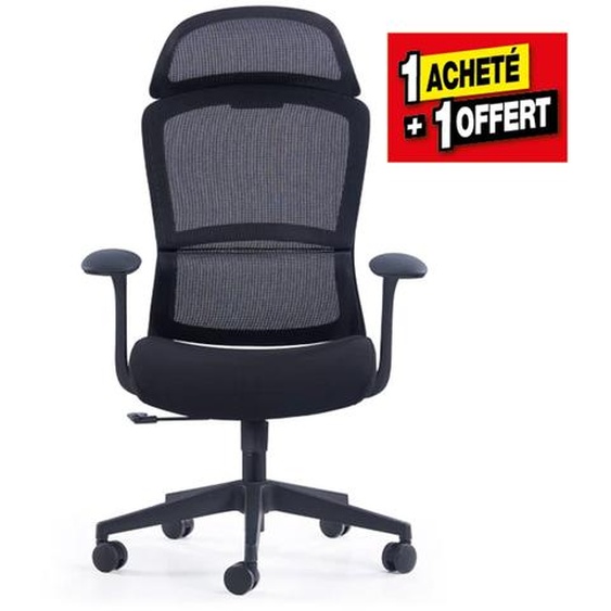 Fauteuil ergonomique M Busty assise Tissu et dossier Maille - Appui-tête - Soutien lombaire et accoudoirs fixe + Roulettes Noir - Lot de 1 + 1 OFFERT