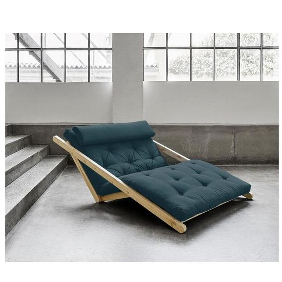 Fauteuil futon style scandinave VIGGO pin massif tissu bleu pétrole couchage 120*200 cm.