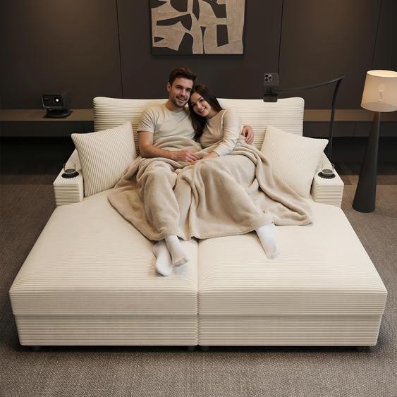 Fauteuil-lit Merax 2 places, Canapé-lit double rembourré avec fonction sommeil, coussin, prise USB, porte-boisson, support pour téléphone portable, tissu velours côtelé, beige