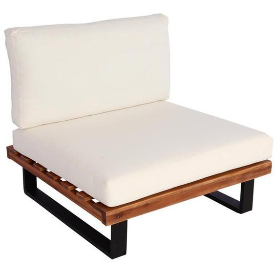 Fauteuil lounge de jardin en bois d acacia marron et aluminium coussin blanc creme 04_0006848