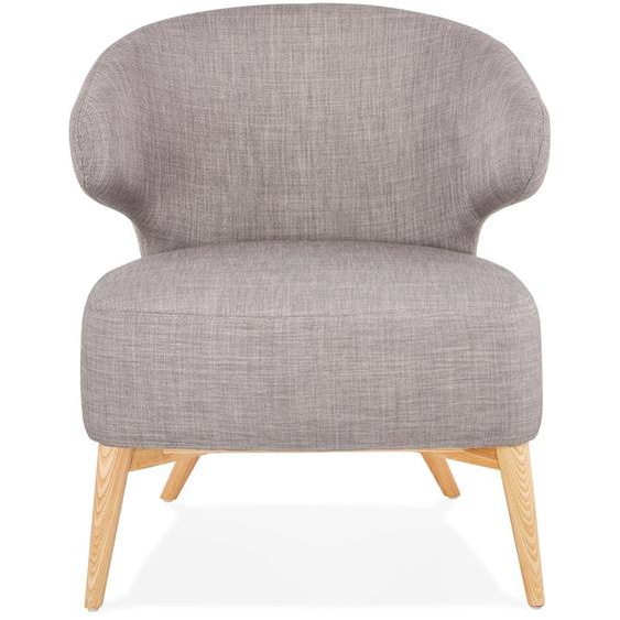 Fauteuil lounge ODILE en tissu gris et pieds en bois finition naturelle