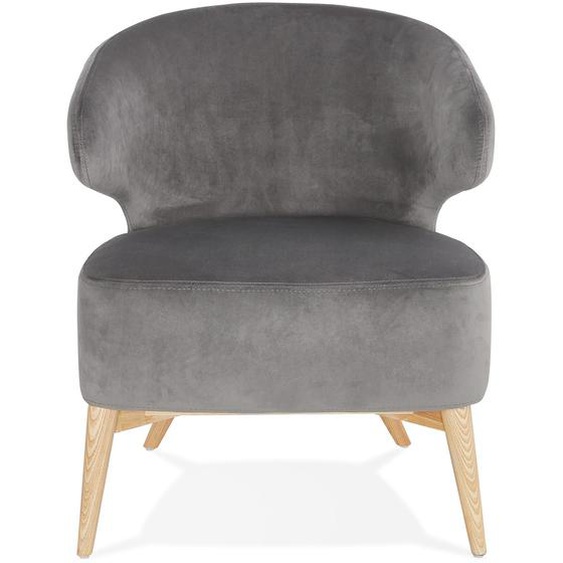 Fauteuil lounge vintage LUXY en velours gris et pieds en bois finition naturelle