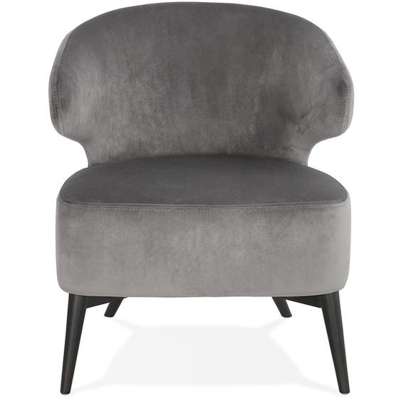 Fauteuil lounge vintage LUXY en velours gris et pieds en bois noir