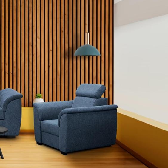 Fauteuil Madera avec têtière réglable fauteuil élégant rembourré avec ressorts à soufflets fauteuil de salon moderne, tissu : matana 12 - bleu