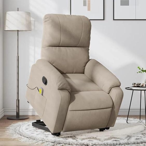 Fauteuil massant avec assistance pour se lever, fauteuil téléviseur, fauteuil releveur, fauteuil électrique réglable, fauteuil massant avec fonction inclinable, fauteuil relax, fauteuil télé, salon, tissu microfibre, couleur taupe
