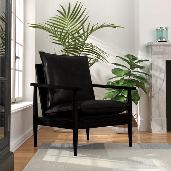 Fauteuil Noir Cuir véritable avec bois dacacia