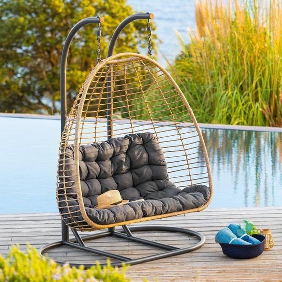 Fauteuil oeuf suspendu sur pied AJAR Ardoise 2 places - Acier traité époxy, Résine tressée synthétique, Polyester Hespéride