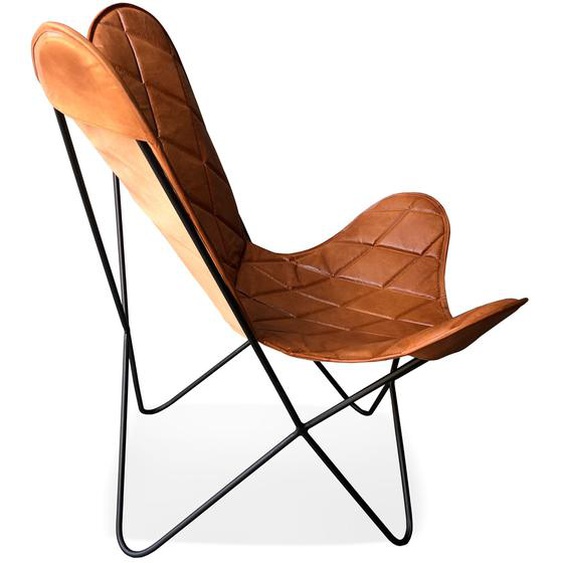 Fauteuil papillon FOX en cuir brun avec des coutures en losange