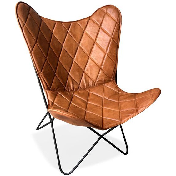 Fauteuil papillon FOX en cuir brun avec des coutures en losange