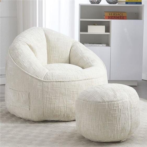 Fauteuil Pouf Mousse HP Double Rembourrage Gris Adulte Support Pieds Meuble Salon, Beige