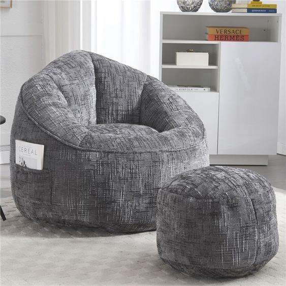 Fauteuil Pouf Mousse HP Double Rembourrage Gris Adulte Support Pieds Meuble Salon, Gris