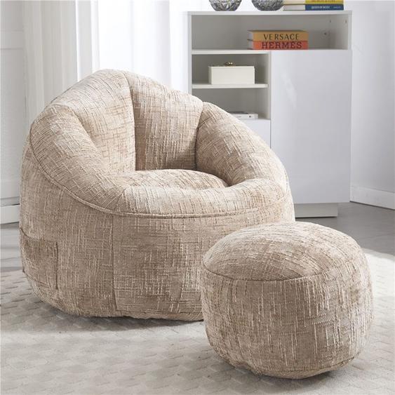 Fauteuil Pouf Mousse HP Double Rembourrage Gris Adulte Support Pieds Meuble Salon, Kaki