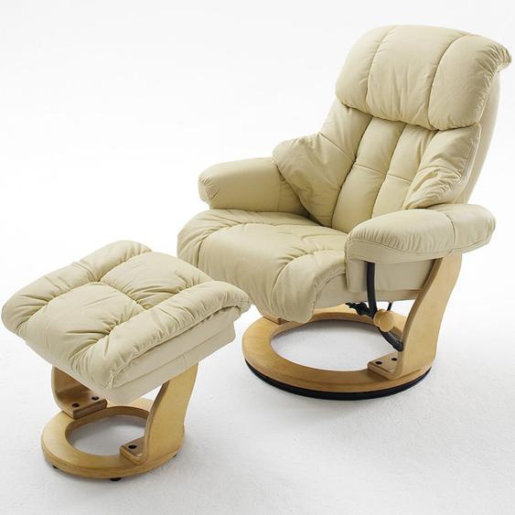 Fauteuil relax CLAIRAC assise en cuir crème pied en bois naturel avec repose pied
