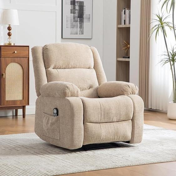 Fauteuil relax électrique avec assistance à la montée et massage – Fauteuil pour personnes âgées avec fonction de chauffage, 4 zones de vibration, dossier et repose-pieds réglables manuellement – Revêtement en velours, couleur beige clair