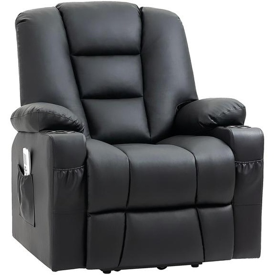 Fauteuil relax électrique en similicuir, fauteuil de massage avec assistance pour se lever et port USB, fauteuil téléviseur noir | Jusquà 150 kg | 8 moteurs de vibration | Inclinable jusquà 150°