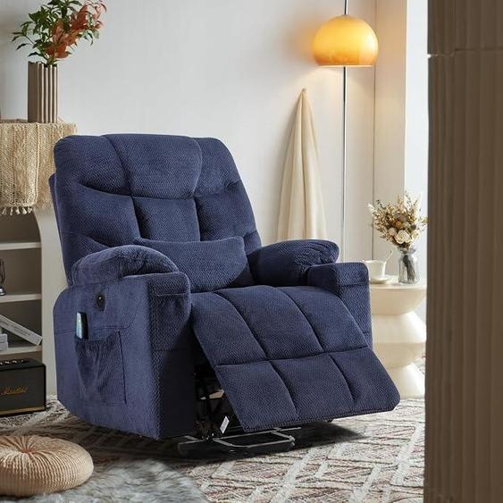 Fauteuil releveur électrique, fauteuil relaxant avec massage vibratoire et fonction de chauffage, fauteuil téléviseur pour personnes âgées avec réglage progressif, télécommande, ports USB et Type-C, 3 positions (bleu)