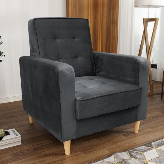 Fauteuil rembourré pour le salon Bamako avec pieds en bois, tissu : paros 06 - anthracite