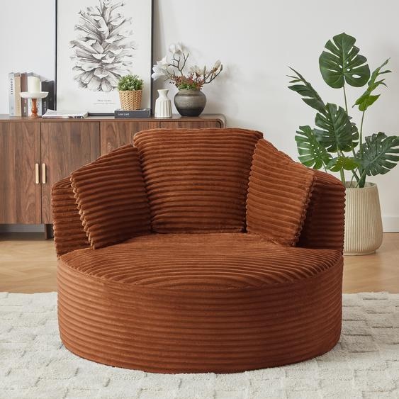 Fauteuil rond en velours côtelé, fauteuil « Cloud » à assise profonde, pour le salon et la chambre à coucher, orange