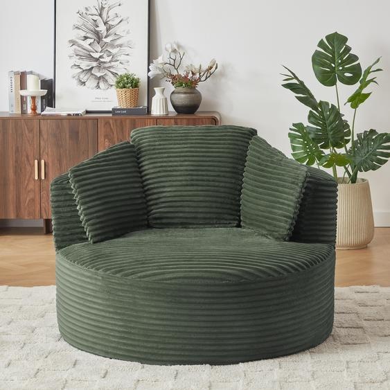 Fauteuil rond en velours côtelé, fauteuil « Cloud » à assise profonde, pour le salon et la chambre à coucher, vert
