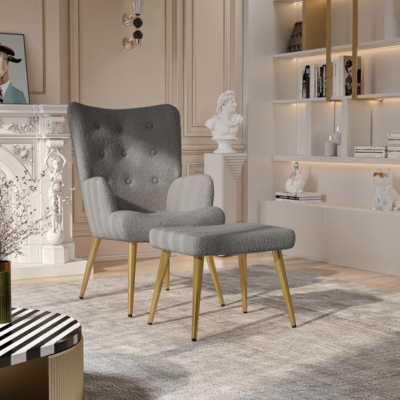 Fauteuil Scandinave à Oreilles avec Repose Pieds en Tissu Bouclette Fauteuil, Gris
