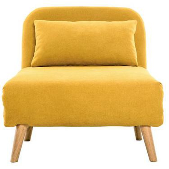 Fauteuil convertible scandinave en tissu effet velours jaune moutarde et bois clair AMIKO