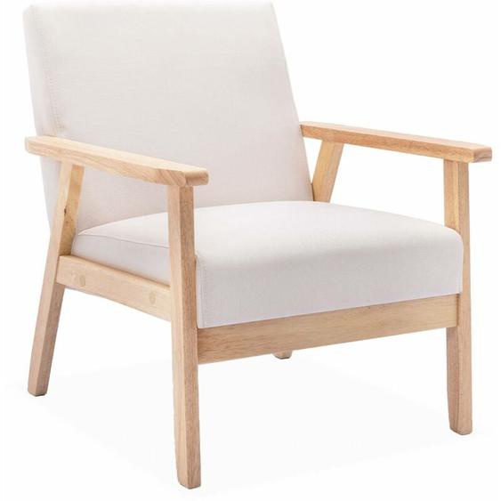 Sweeek - Fauteuil scandinave en bois et tissu crème. Isak. l 64 x p 69.5 x h 73cm