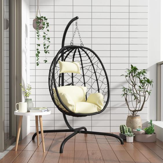 Fauteuil suspendu avec coussin en polyrotin et acier blanc crème