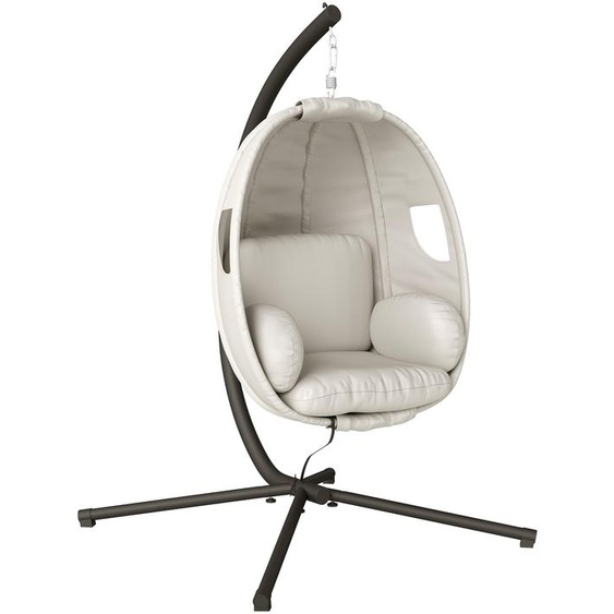 Fauteuil suspendu avec structure pliable, balancelle en osier et acier, polyester, gris clair | 117 x 95 x 180 cm | jusquà 120 kg | coussin de 20 cm, rabattable à 10 cm