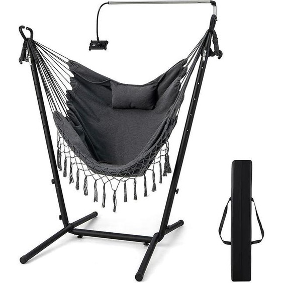 Fauteuil suspendu avec structure, siège suspendu à hauteur réglable avec support pour téléphone portable, coussin et poche latérale, fauteuil suspendu, hamac pouvant supporter jusquà 250 kg, structure pour fauteuil suspendu, pour intérieur et extérieur