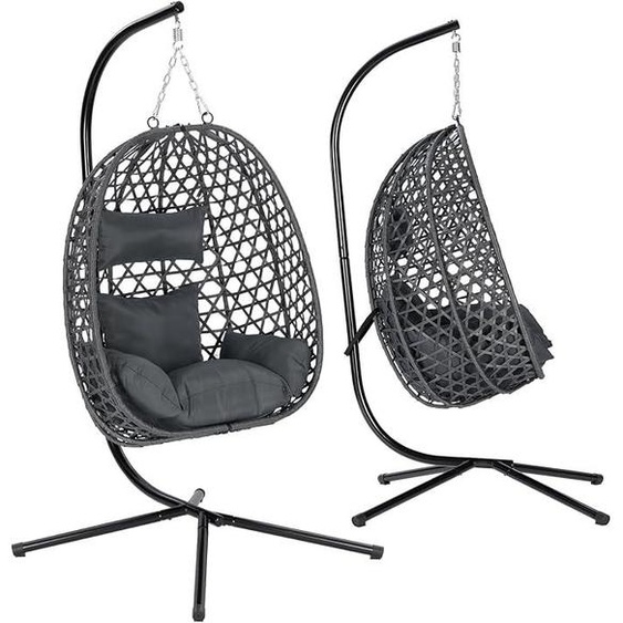 Fauteuil suspendu avec structure, supportant jusquà 150 kg, en résine tressée (PE), avec coussin de siège et repose-tête, pour intérieur et extérieur, de couleur grise