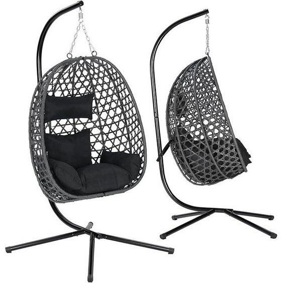 Fauteuil suspendu avec structure, supportant jusquà 150 kg, en résine tressée (PE), avec coussin de siège et repose-tête, pour intérieur et extérieur, de couleur noire