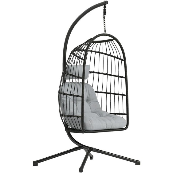 Fauteuil suspendu de forme ovale avec support, panier rabattable, 101 x 105 x 196 cm, 1 personne, gris clair, coussin de 15 cm dépaisseur, chaîne réglable en hauteur, charge maximale de 120 kg