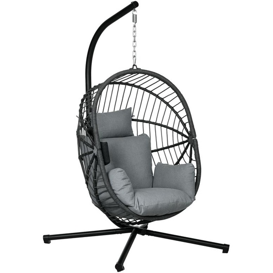 Fauteuil suspendu Egg-Chair avec structure et rembourrage, 120 x 106 x 188 cm, gris, panier pliable, coussin de 22 cm dépaisseur, charge maximale de 120 kg