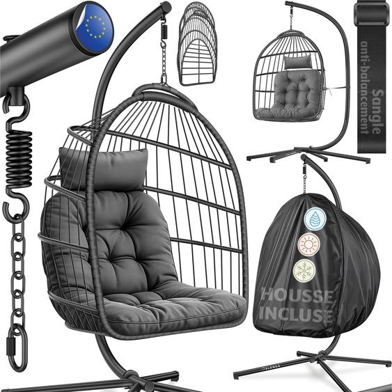 Fauteuil suspendu ELONEO avec support, fauteuil à bascule confortable pour lintérieur et lextérieur, balancelle suspendue, supportant jusquà 160 kg - Anthracite