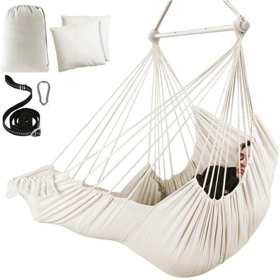 Fauteuil suspendu en coton blanc naturel - Poids maximal supporté : 227 kg - Dimensions : 190 x 100 cm - Livré avec une barre de suspension pliable
