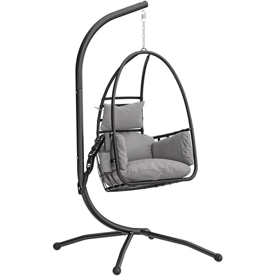Fauteuil suspendu en forme duf avec support, panier rabattable, 95 x 115 x 192 cm, 1 personne, gris foncé, rembourrage de 16 cm, chaîne réglable en hauteur, ceinture de sécurité