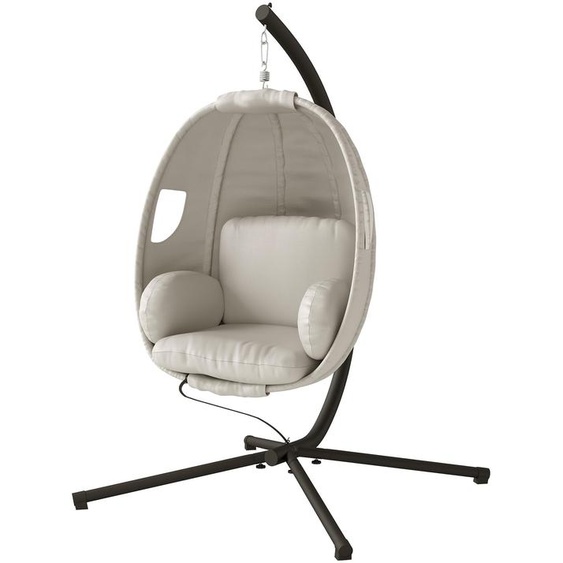 Fauteuil suspendu en polyester et acier, pliable. Couleur : gris clair.Coussin de 20 cm, repliable à 10 cm.Capacité maximale : 120 kg.Dimensions : 117 x 95 x 180 cm