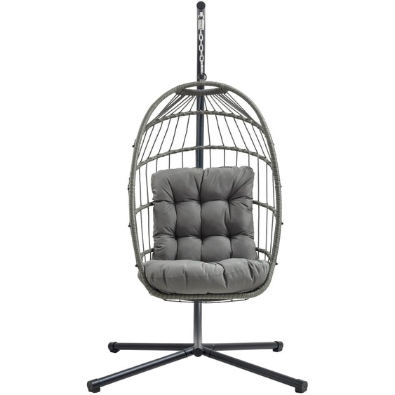 Fauteuil suspendu en rotin gris, balancelle de jardin, pliable, coussin de 15 cm, structure en acier, capacité de charge de 150 kg, pour lextérieur et lintérieur, terrasse, balcon, résistant aux UV, housse de protection imperméable incluse
