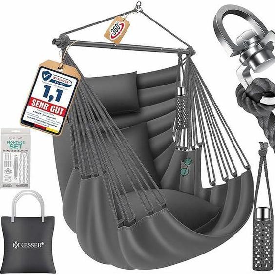 Fauteuil suspendu Haïti, capacité de charge de 150 kg, rotation à 360°, idéal pour lintérieur et lextérieur, résistant aux UV et à leau, facile dentretien. Livré avec 2 coussins, une sacoche de transport, un porte-gourde et un kit de montage
