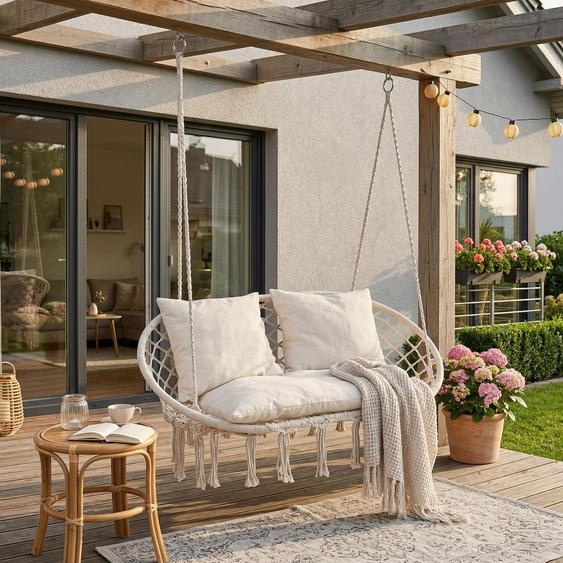 Fauteuil suspendu « Kailua » avec coussins pour 2 personnes, 135 x 129 x 65 cm, jusquà 200 kg, pour lintérieur et lextérieur, style bohème, blanc crème