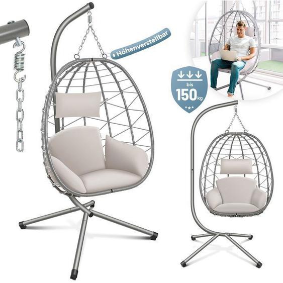 Fauteuil Suspendu - MAKIKA - Hamac - Réglable en Hauteur - Poly Rotin - Balançoire lintérieur et lextérieur - Argent - 150 kg