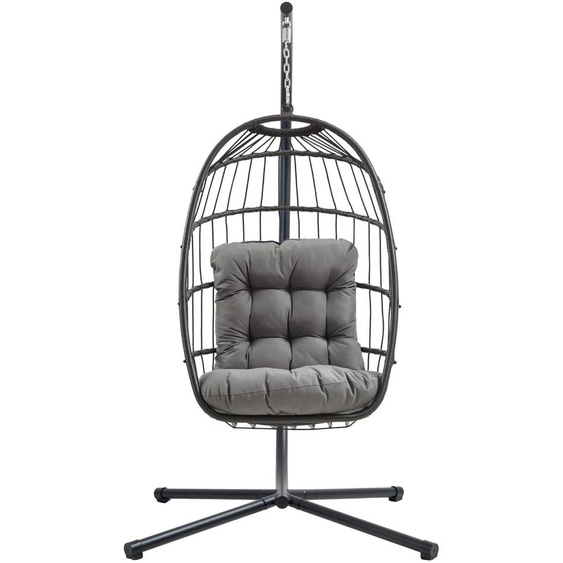Fauteuil suspendu noir en rotin, balancelle de jardin, pliable, coussin de 15 cm, structure en acier, capacité de charge de 150 kg, pour lextérieur et lintérieur, terrasse, balcon, résistant aux UV, housse de protection imperméable incluse