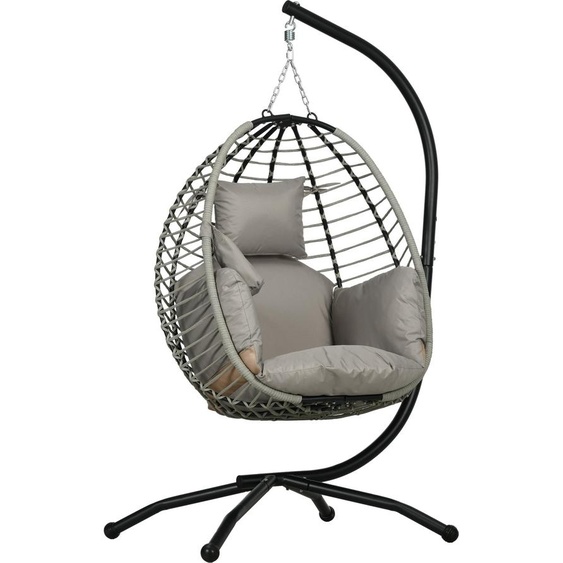 Fauteuil suspendu Outsunny avec porte-gobelet – assise rabattable, aspect rotin, coussin, acier, 120 kg, pour le jardin et le balcon, gris
