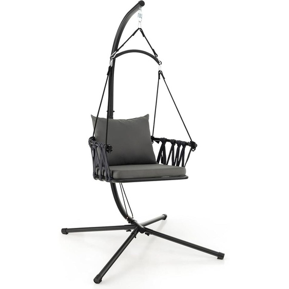 Fauteuil suspendu pliable COSTWAY, chaise suspendue avec structure, dossier tissé, coussins dassise et de dossier confortables, balançoire suspendue jusquà 150kg, siège suspendu