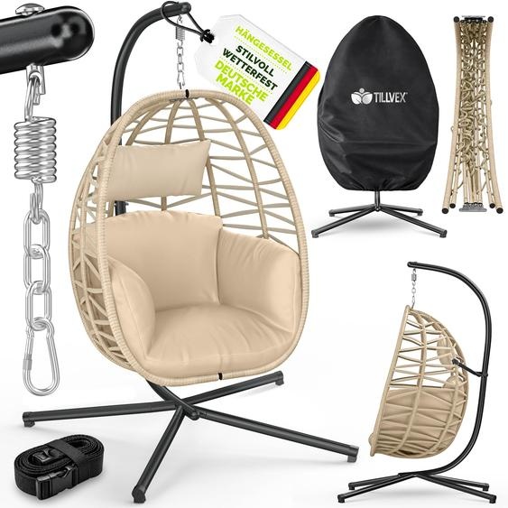 Fauteuil suspendu tillvex® avec structure dextérieur et housse résistante aux intempéries, fixation incluse | Fauteuil suspendu pliable pouvant supporter jusquà 150 kg | Siège suspendu en rotin | Fauteuil suspendu pour intérieur, jardin, balcon et