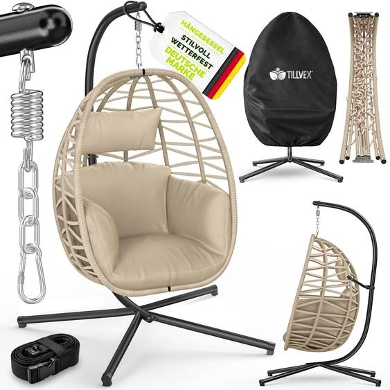 Fauteuil suspendu tillvex® avec structure dextérieur et housse résistante aux intempéries, fixation incluse | Fauteuil suspendu pliable pouvant supporter jusquà 150 kg | Siège suspendu en rotin | Fauteuil suspendu pour intérieur, jardin, balcon et