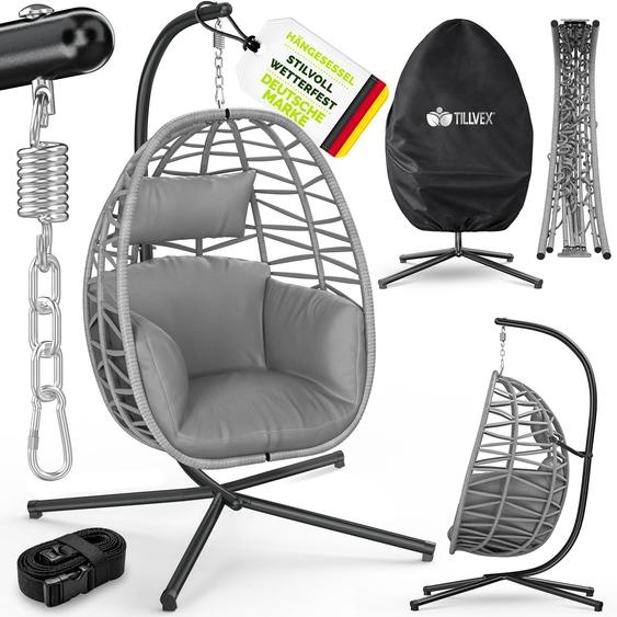 Fauteuil suspendu tillvex® avec structure dextérieur et housse résistante aux intempéries, fixation incluse | Fauteuil suspendu pliable pouvant supporter jusquà 150 kg | Siège suspendu en rotin | Fauteuil suspendu pour intérieur, jardin, balcon et